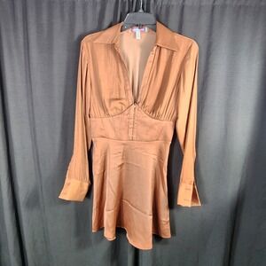 Copper Satin Corset Waist Mini Dress Brown Long Sleeve Small Regencycore BOHO